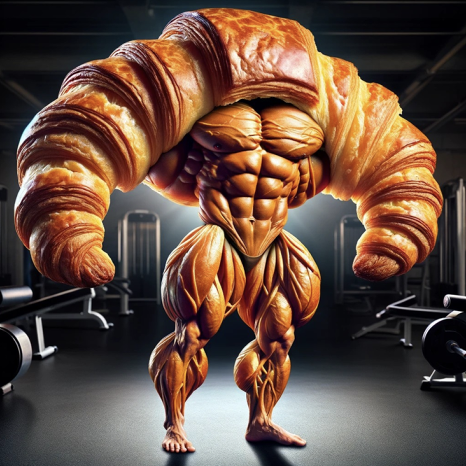 Immagine finale della serie: il bodybuilder diventato un croissant